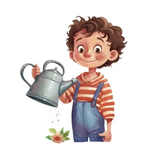 小男孩拿着水壶水桶浇水绿植草人物插画免抠