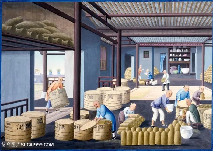 古代瓷器打包集市贸易场景绘画图片