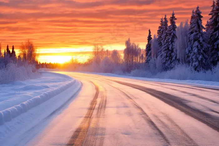 夕阳下的雪地公路森林雪景摄影图(4032x2688)