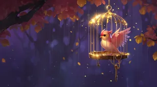 树枝上挂着的鸟笼小鸟插画素材