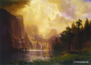 唯美湖畔山林风景画油画