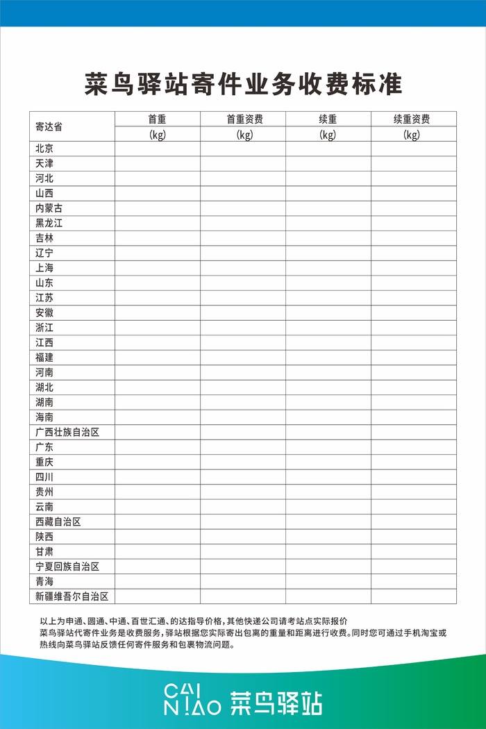 菜鸟驿站寄件业务收费标准cdr矢量模版下载