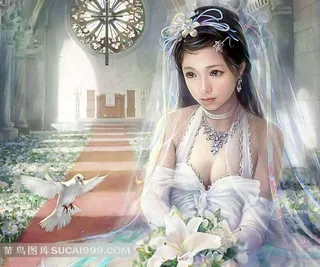 坐在教堂穿婚纱的美丽新娘