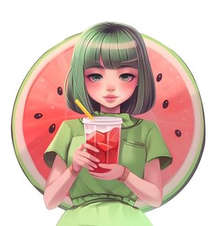 夏日西瓜冰饮水果女孩人物免抠