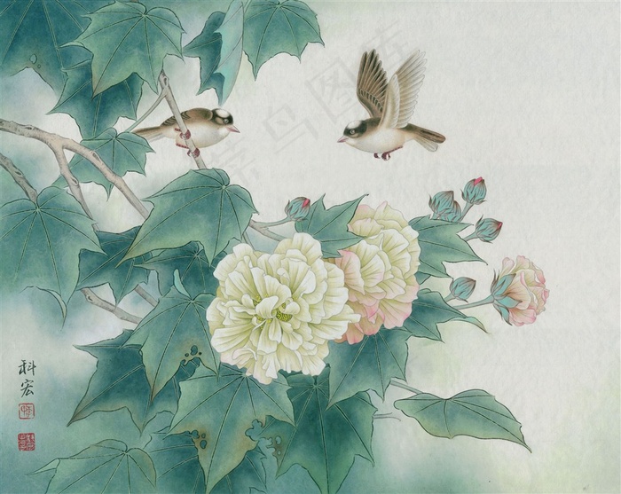 花间双雀芙蓉国画