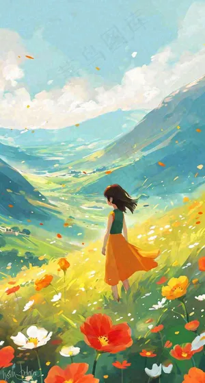 春日浪漫山脉鲜花草坪里的女孩，油画手绘插画，春分