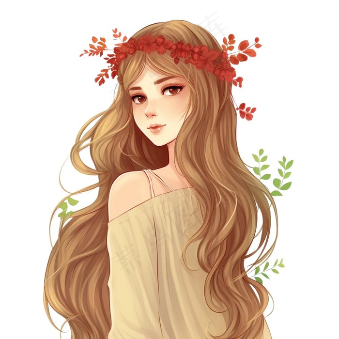 长头发少女头戴花环穿黄裙子插画 免抠