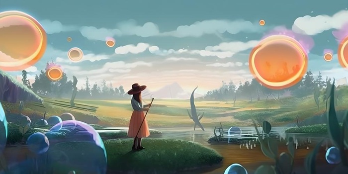 蓝天白云彩色泡泡彩虹草原树林风景插画背景(6144x3072)