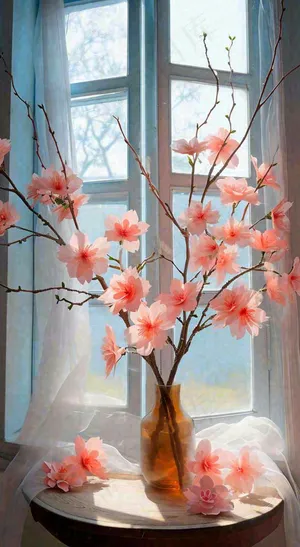 春天窗台花瓶粉色鲜花花束，春分