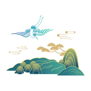 中国风国潮山水插画祥云中式手绘烫金线条元素png装饰背景PSD素材