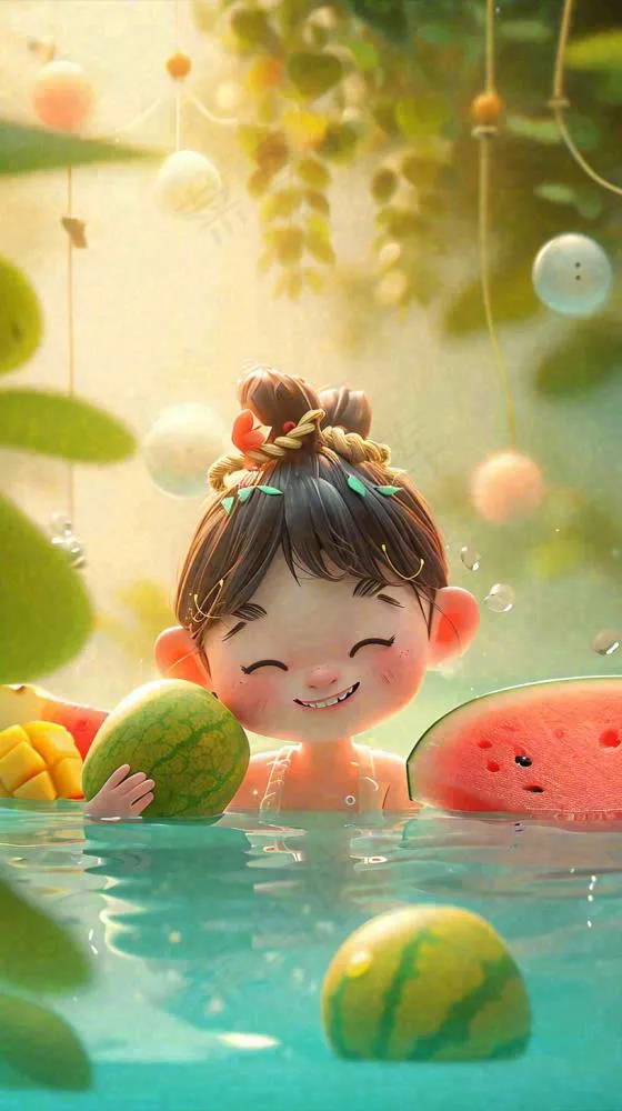 夏日清爽游泳儿童戏水，水果西瓜清凉，夏至大暑小暑(816x1456)