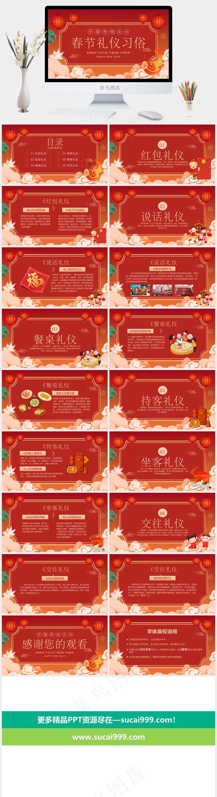 大红色灯笼春节礼仪习俗ppt模版