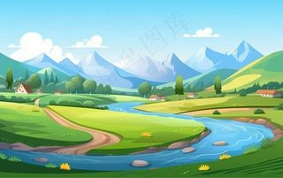 乡村村庄美丽风景河流插画农田插画背景