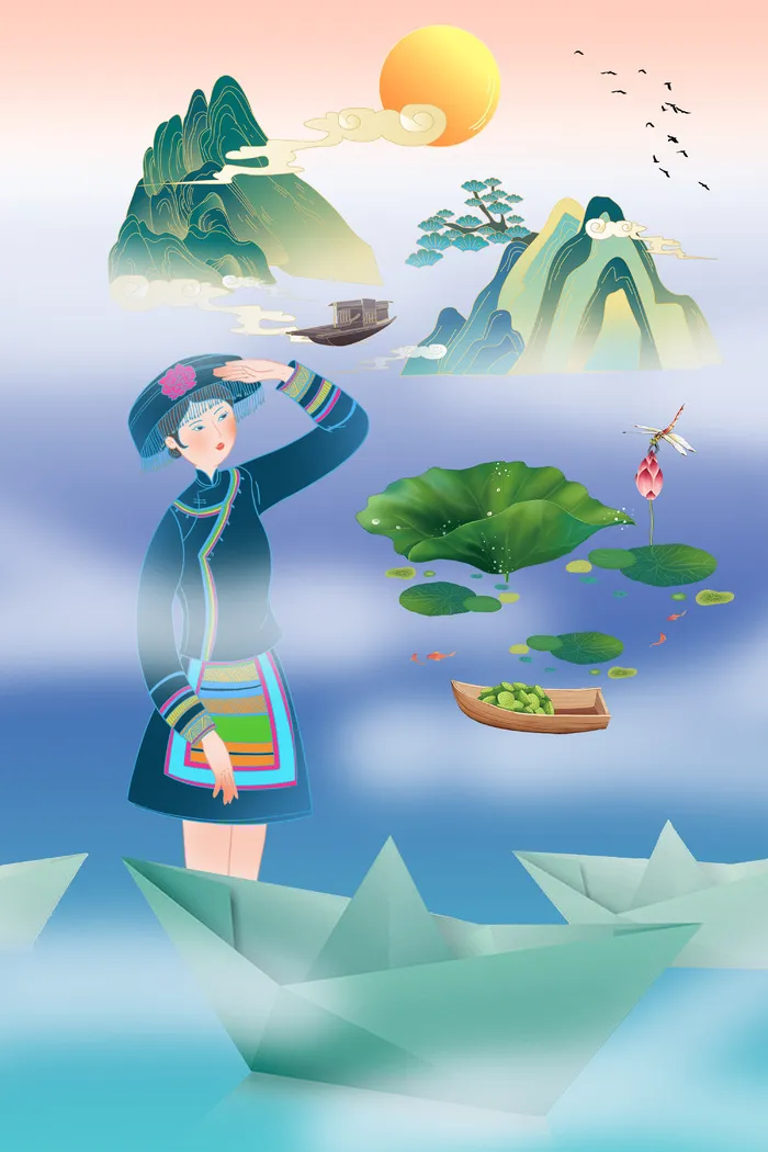 少数民族美女荷塘采莲图psd模版下载