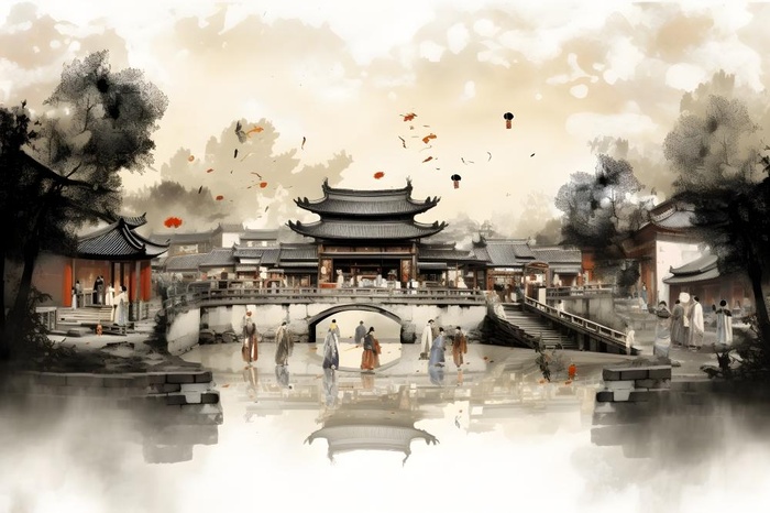 江南水乡水墨画插画海报素材背景(5376x3584)
