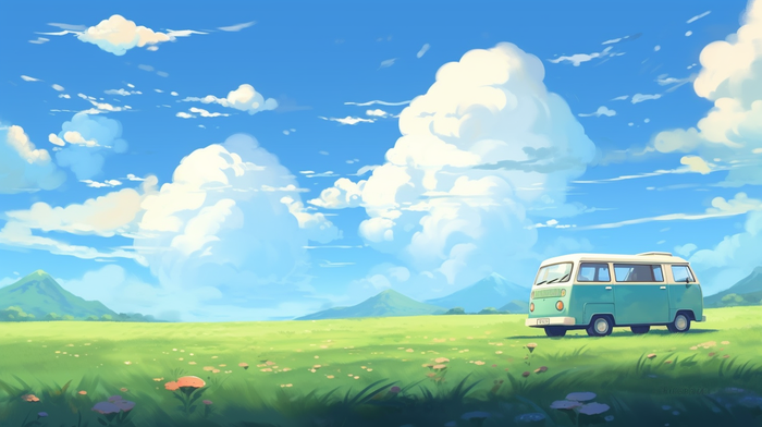 蓝天白云草地花丛汽车卡通插画素材背景(x)