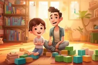 父子玩耍玩具温馨插画