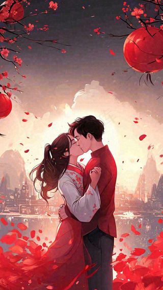 烟花中情侣在情人节的夜晚里拥抱亲吻，红色爱心气球爱情甜蜜