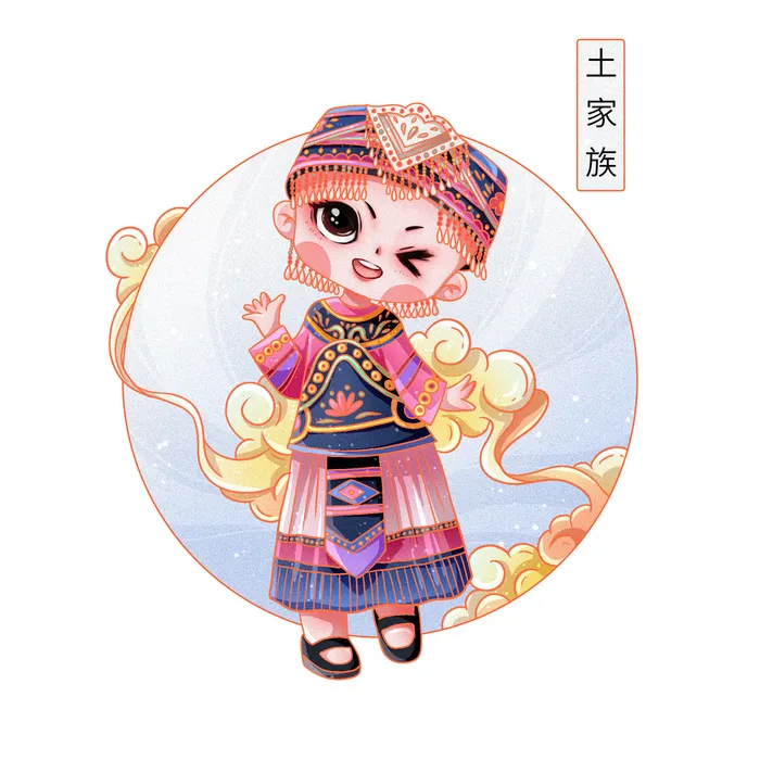 国潮Q版56个少数民族人物卡通形象服饰插画民族风服饰元素PSD素材