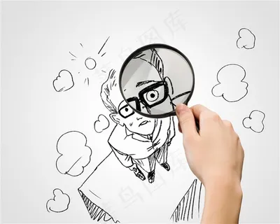 手拿着放大镜跟一个高楼上的小人