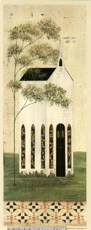 唯美草地水彩树房子艺术插画