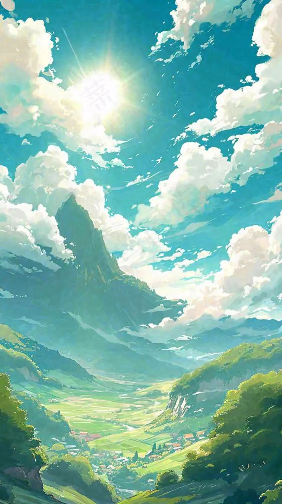 阳光春天细长流水山脉村庄小屋草坪，春分，旅行露营(816x1456)