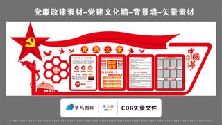 党建文化墙党建素材CDR预览图红色背景党员之家共筑中国梦大五星飘带