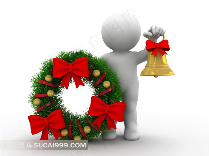 手拿圣诞节装饰品和铃铛的3D小人