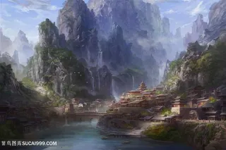 桂林山水江边古建筑物中国风CG原画图片