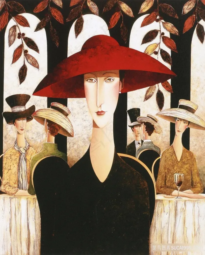 红色帽子女士唯美插画