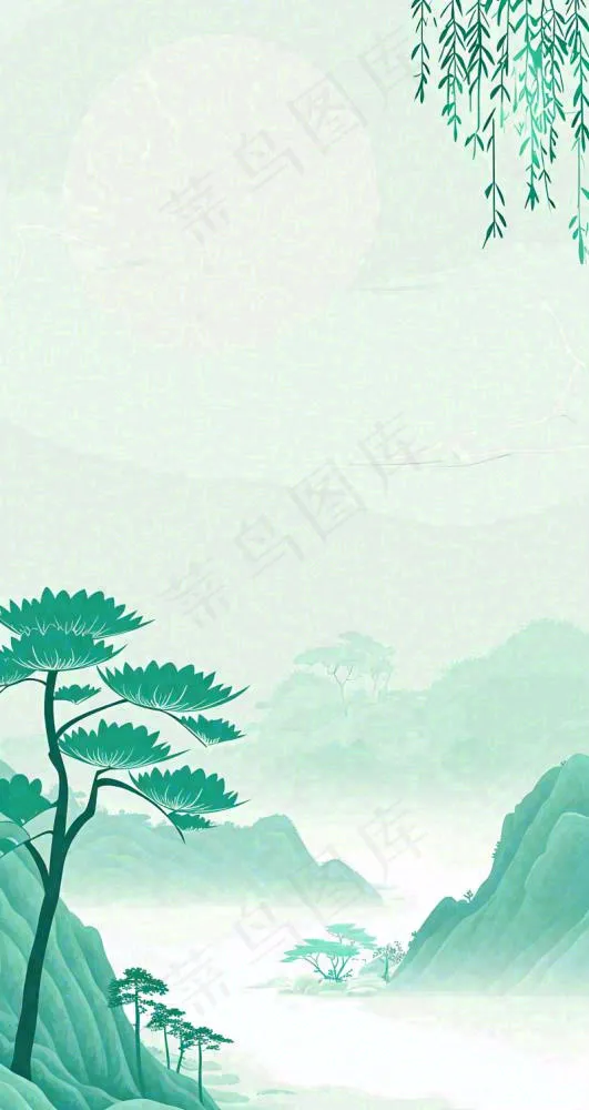 国风意境山水画落日绿色(800x1504)