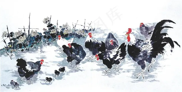 原创2018鸡年生肖母鸡公鸡菊蕊户外水墨画水彩画