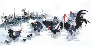 原创2018鸡年生肖母鸡公鸡菊蕊户外水墨画水彩画