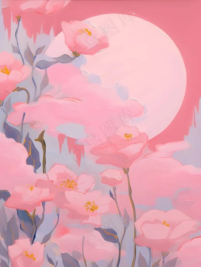 粉色调花圆月插画背景