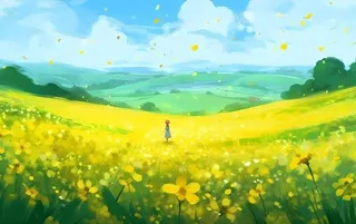 蓝天白云草坪草原人物黄色花朵手绘插画海报素材背景