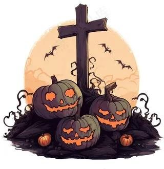 十字架坟墓南瓜怪物蝙蝠恐怖卡通插画免抠