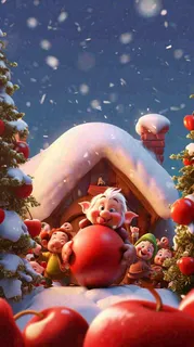 冬天苹果红色雪屋雪地雪花，圣诞节可爱卡通