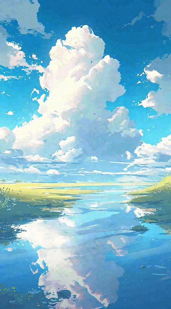 春天河边青草池塘蓝天白云，立春(816x1472)