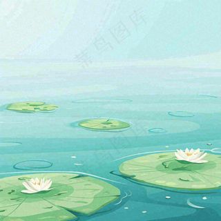 中国风夏日荷塘池白色荷花盛开手绘插画，立夏夏至大暑小暑