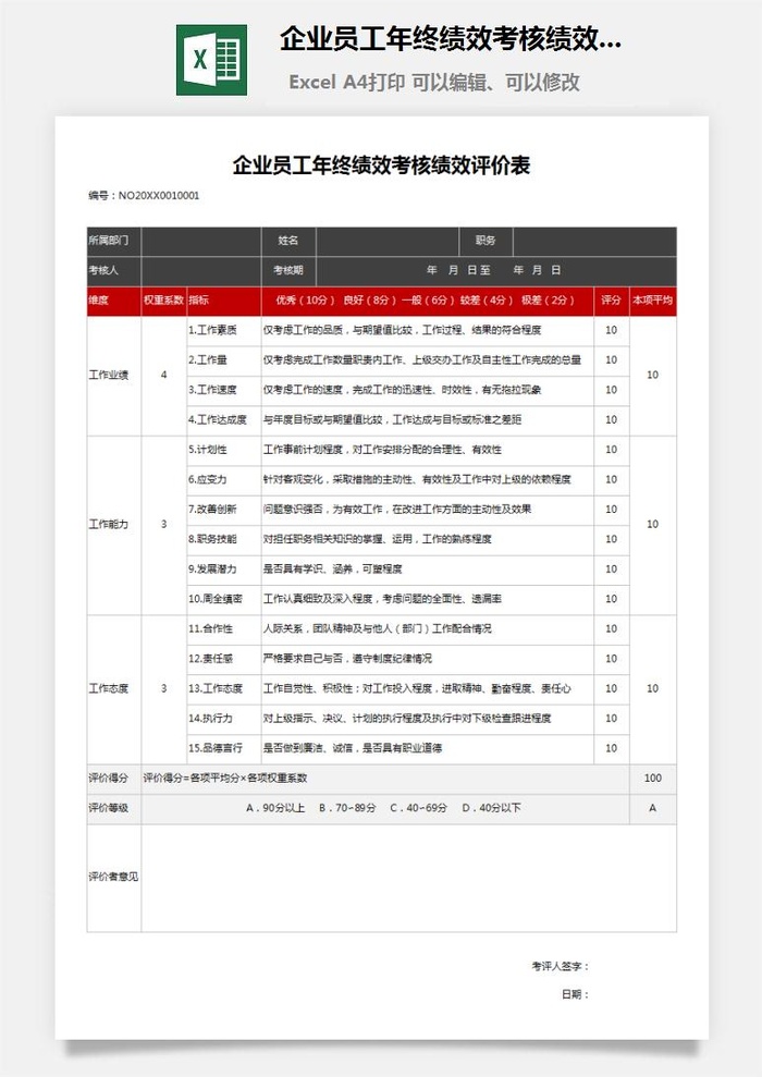 6企业员工年终绩效考核绩效评价表