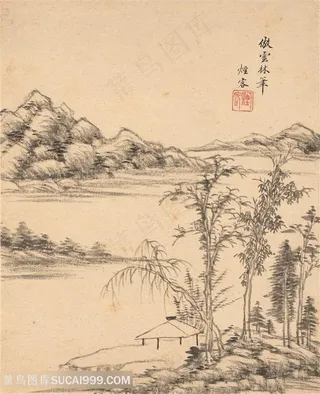 烟客仿云林笔山水图国画图片