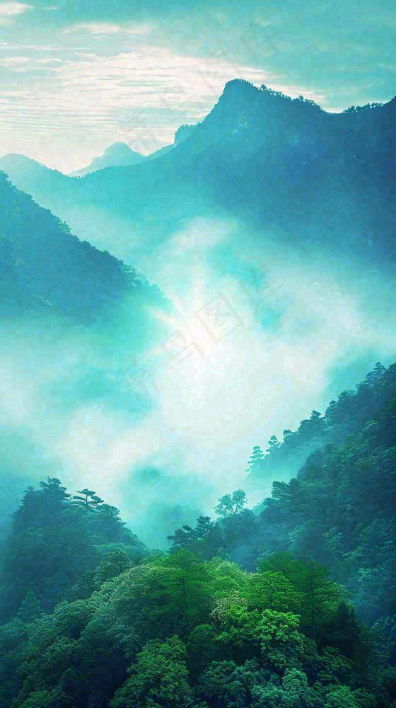 中国风高山绿植森林丛林，阳光蓝天白云，户外(816x1456)