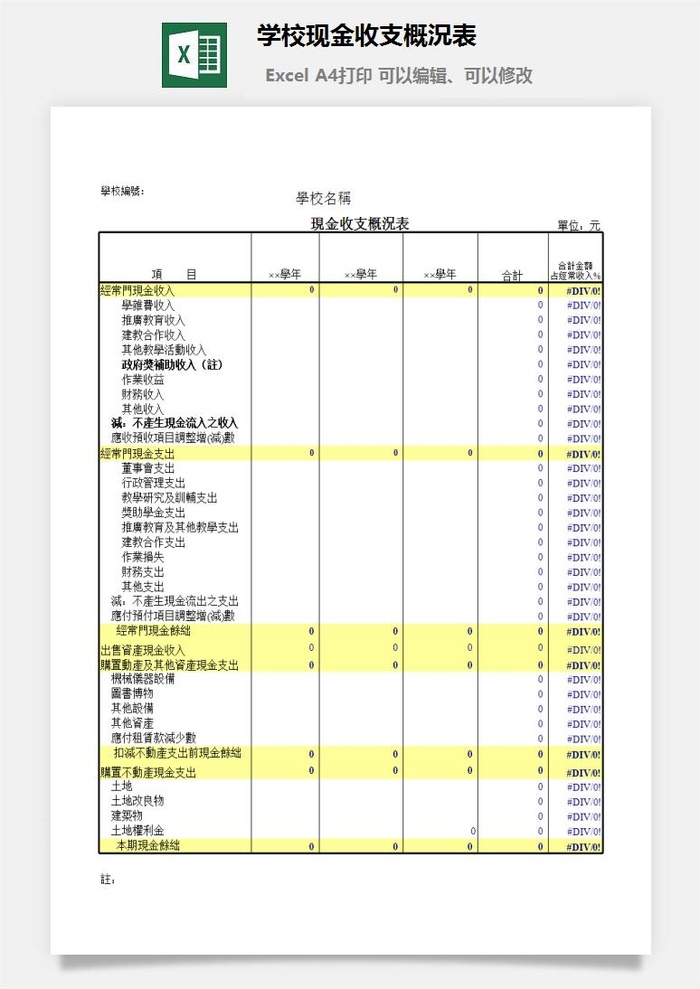 学校现金收支概況表excel模板