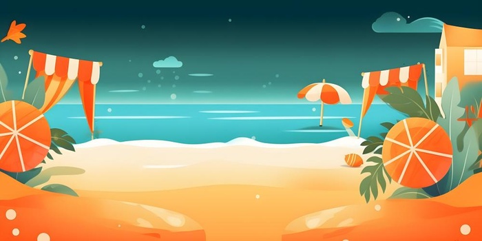 沙滩遮阳伞海洋金橘色背景(3600x1800)