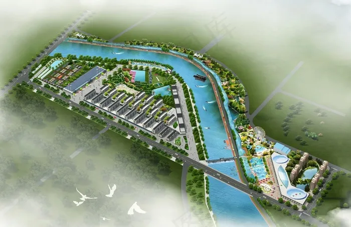 河流旁的建筑群设计图