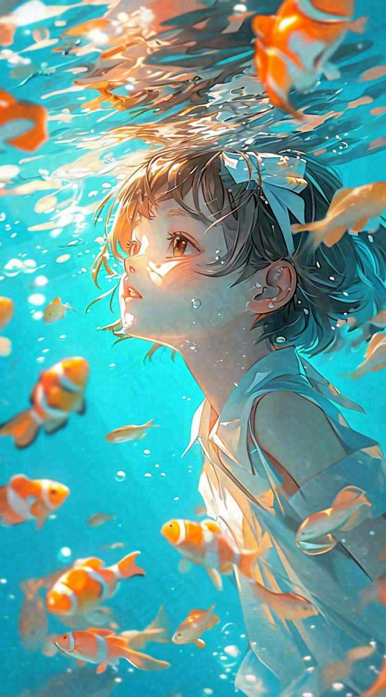 夏天泳池游泳少年儿童手绘插画，夏至小暑(816x1472)