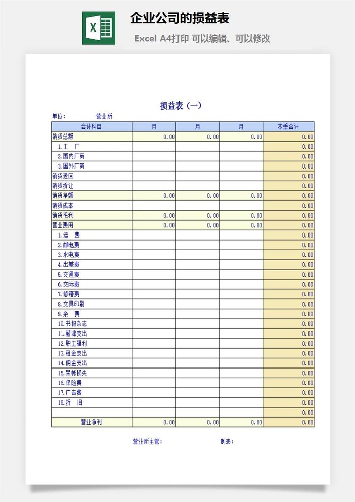 企业公司的损益表excel模板