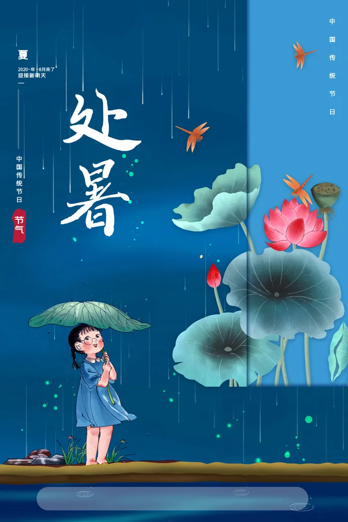 简约传统24节气荷花处暑海报