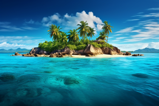 夏日海中小岛椰树清透的海水摄影图