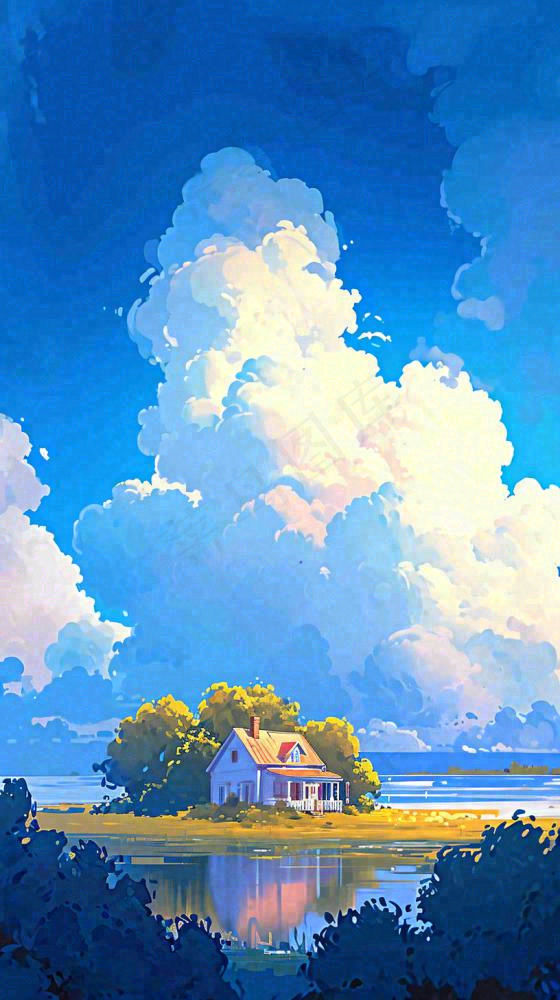 春天乡村河流倒影草地蓝天白云小屋手绘插画